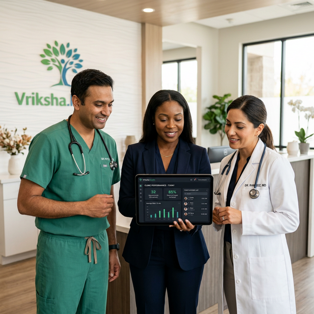 Lead physician Dr. Patel, clinic administrator, and Dr. Ramirez reviewing the Vriksha.Health dashboard on a tablet